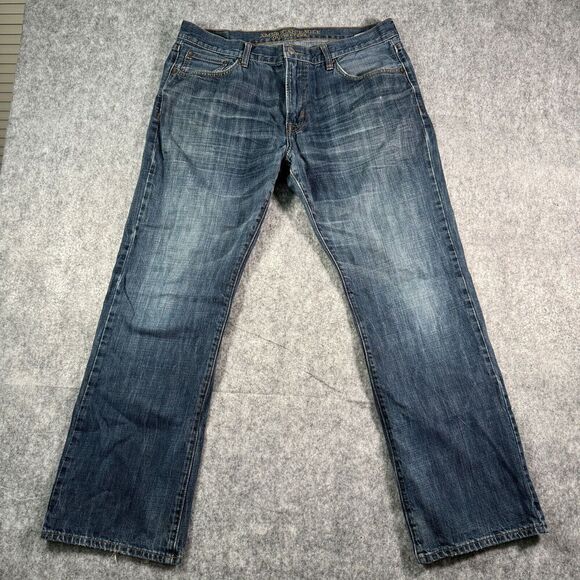 American Eagle Jeans Mens 36x32 Fits 36x 31 Original Boot Distressed Blue Denim